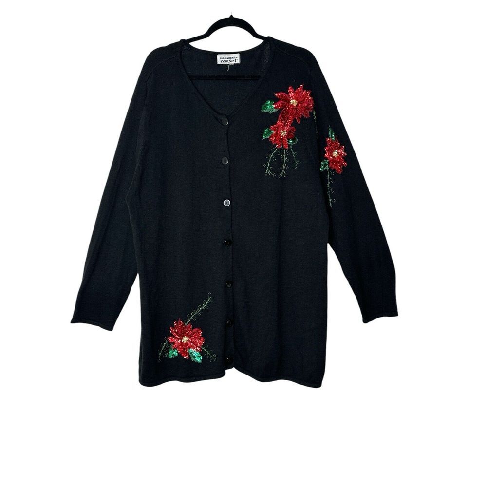 Vintage ALL AMERICAN comfort Cardigan Women XL Holiday Christmas Poinsettia Plus